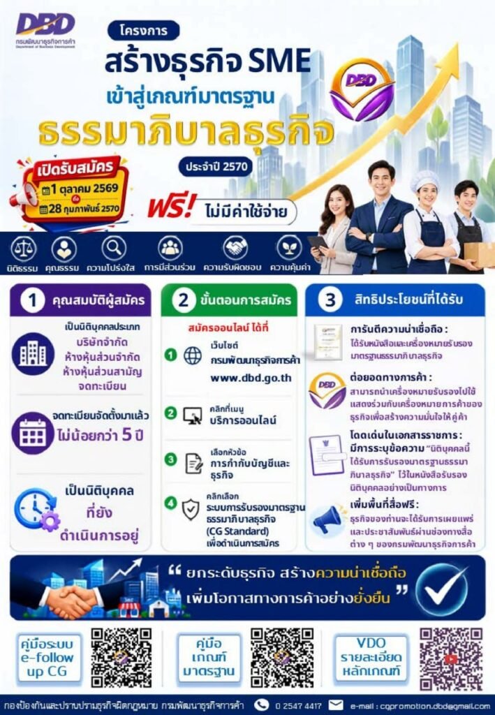 ขอเชิญผู้ประกอบการ SME สมัครเข้าร่วมโครงการ “สร้างธุรกิจ SME เข้าสู่เกณฑ์มาตรฐานธรรมาภิบาลธุรกิจ” ประจำปี 2570 ฟรี ไม่มีค่าใช้จ่าย